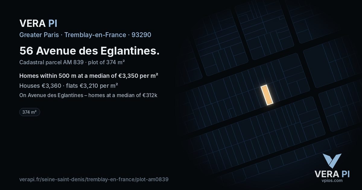 56 Avenue des Eglantines, Tremblay-en-France at night – the plot lit, the parcels around coloured by the prices near them