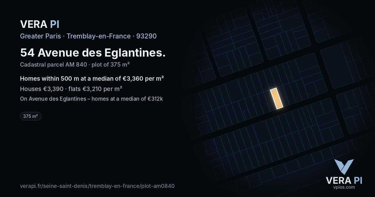 54 Avenue des Eglantines, Tremblay-en-France at night – the plot lit, the parcels around coloured by the prices near them