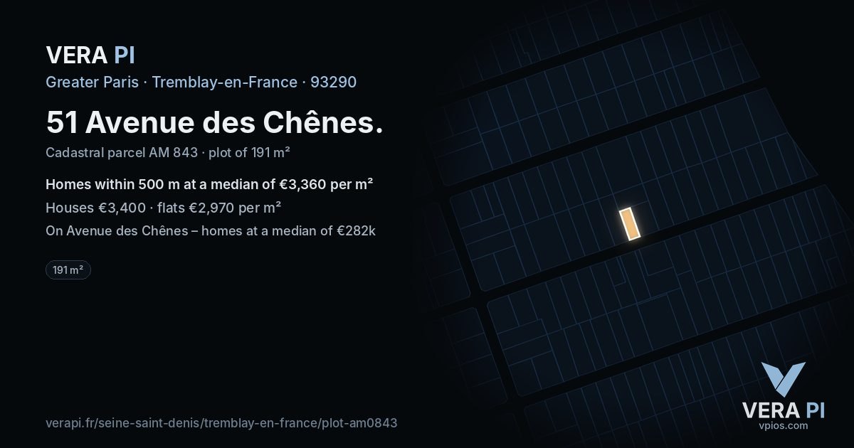 51 Avenue des Chênes, Tremblay-en-France at night – the plot lit, the parcels around coloured by the prices near them