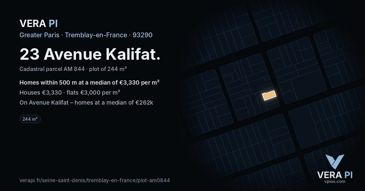 23 Avenue Kalifat, Tremblay-en-France at night – the plot lit, the parcels around coloured by the prices near them