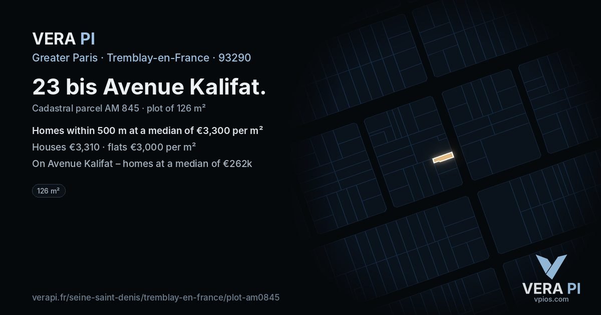 23 bis Avenue Kalifat, Tremblay-en-France at night – the plot lit, the parcels around coloured by the prices near them