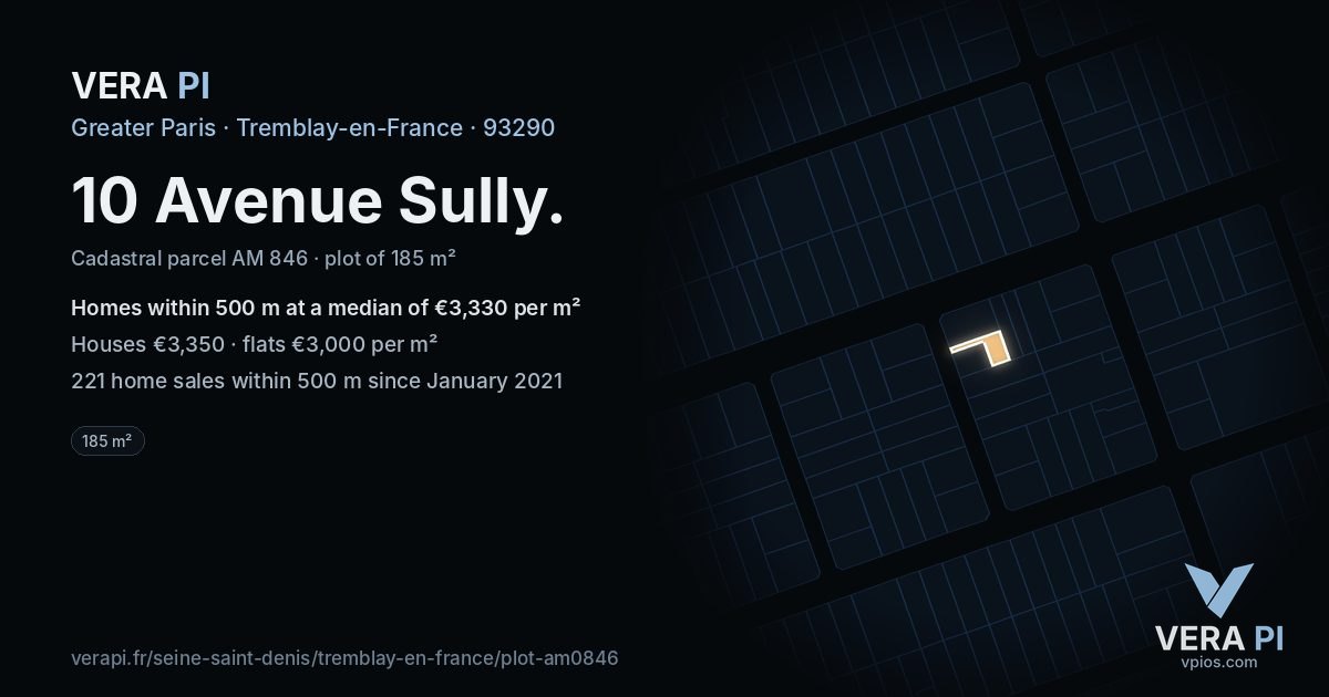 10 Avenue Sully, Tremblay-en-France at night – the plot lit, the parcels around coloured by the prices near them