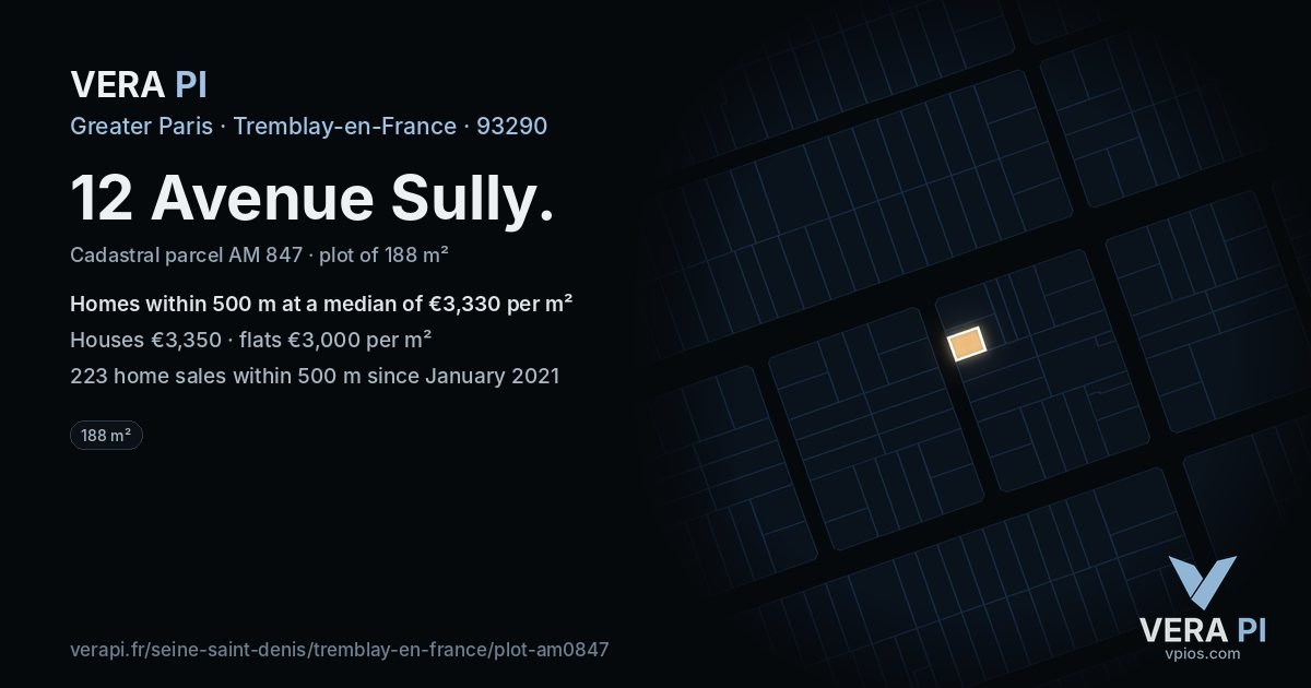 12 Avenue Sully, Tremblay-en-France at night – the plot lit, the parcels around coloured by the prices near them