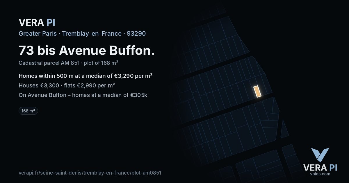 73 bis Avenue Buffon, Tremblay-en-France at night – the plot lit, the parcels around coloured by the prices near them