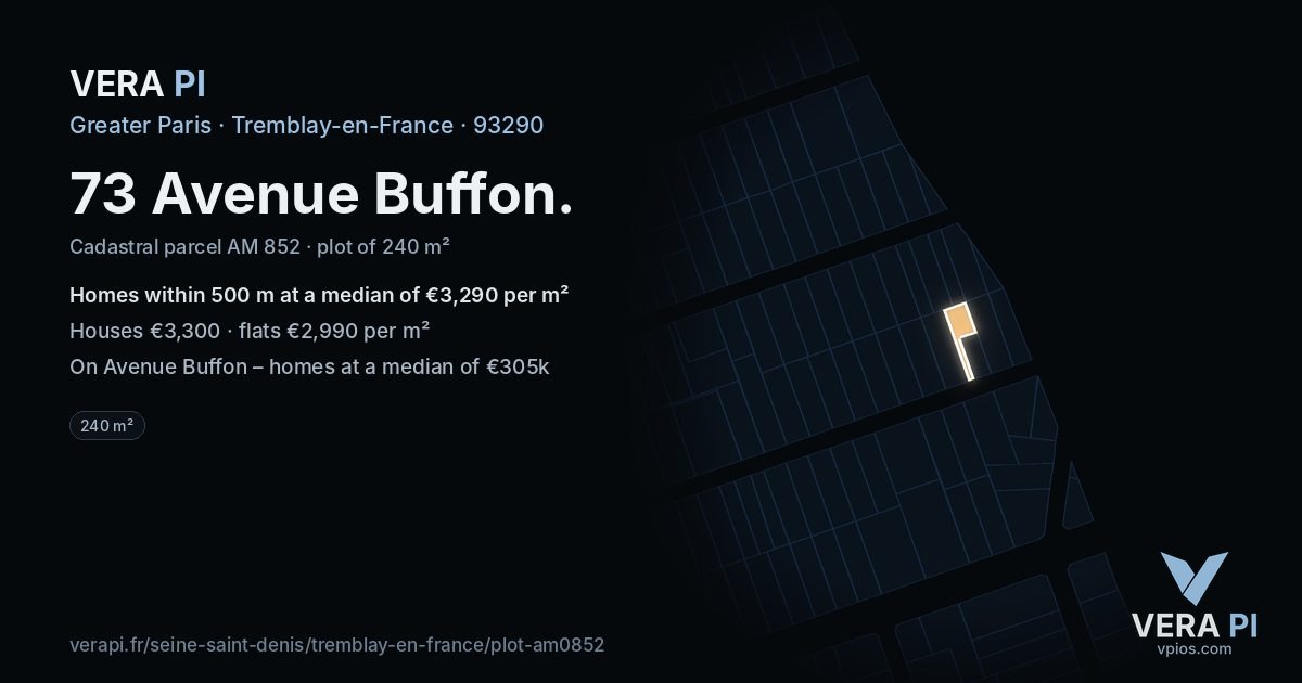 73 Avenue Buffon, Tremblay-en-France at night – the plot lit, the parcels around coloured by the prices near them
