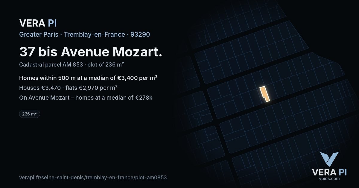 37 bis Avenue Mozart, Tremblay-en-France at night – the plot lit, the parcels around coloured by the prices near them