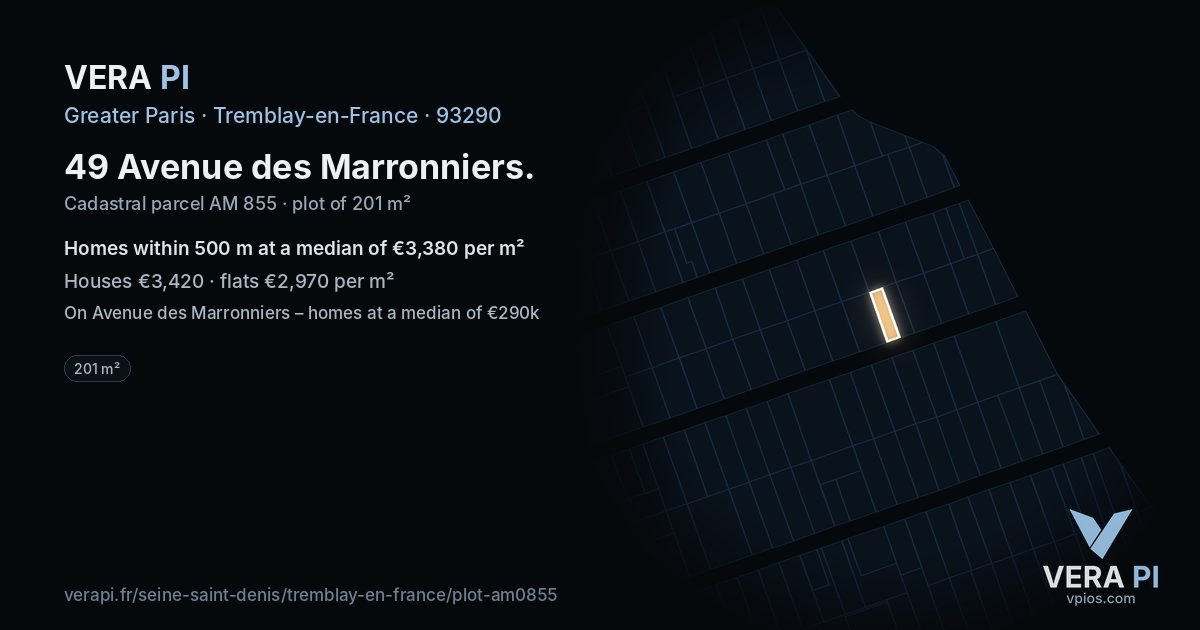 49 Avenue des Marronniers, Tremblay-en-France at night – the plot lit, the parcels around coloured by the prices near them