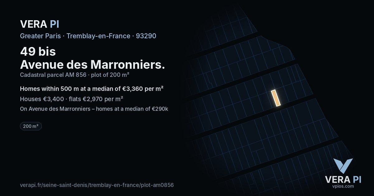 49 bis Avenue des Marronniers, Tremblay-en-France at night – the plot lit, the parcels around coloured by the prices near them