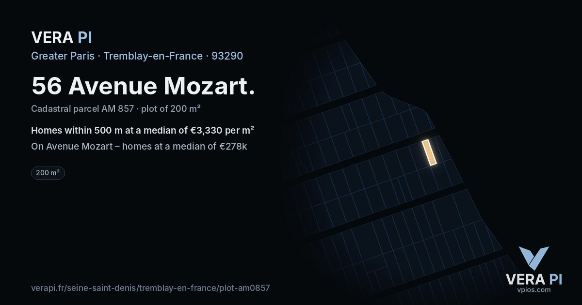56 Avenue Mozart, Tremblay-en-France at night – the plot lit, the parcels around coloured by the prices near them