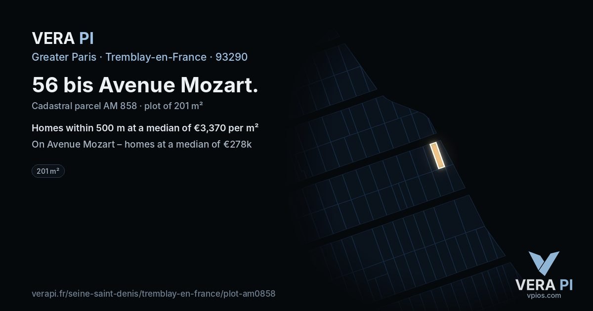 56 bis Avenue Mozart, Tremblay-en-France at night – the plot lit, the parcels around coloured by the prices near them