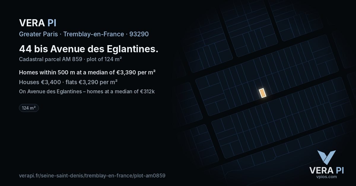 44 bis Avenue des Eglantines, Tremblay-en-France at night – the plot lit, the parcels around coloured by the prices near them