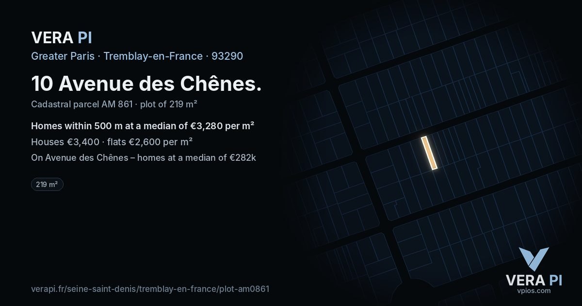 10 Avenue des Chênes, Tremblay-en-France at night – the plot lit, the parcels around coloured by the prices near them