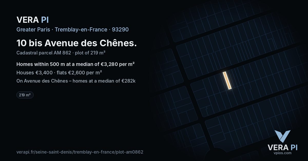 10 bis Avenue des Chênes, Tremblay-en-France at night – the plot lit, the parcels around coloured by the prices near them