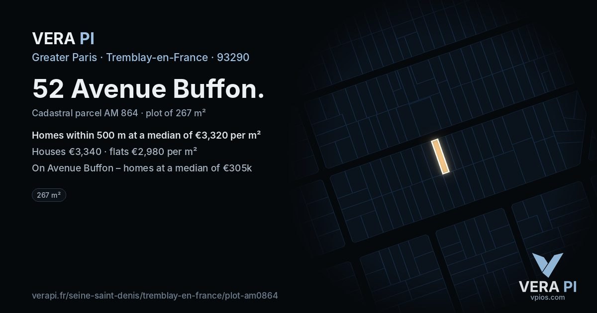 52 Avenue Buffon, Tremblay-en-France at night – the plot lit, the parcels around coloured by the prices near them
