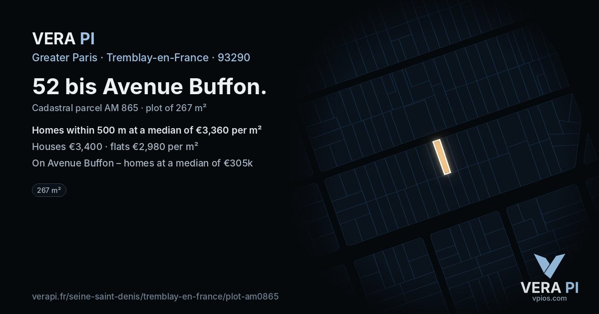 52 bis Avenue Buffon, Tremblay-en-France at night – the plot lit, the parcels around coloured by the prices near them