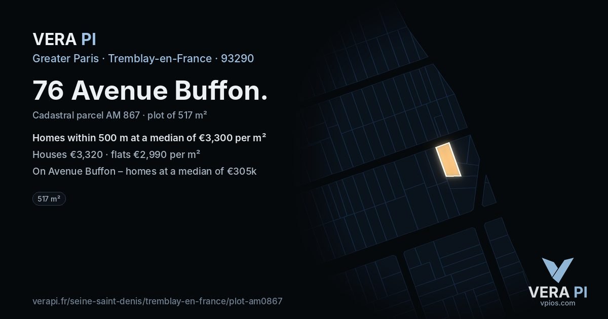 76 Avenue Buffon, Tremblay-en-France at night – the plot lit, the parcels around coloured by the prices near them