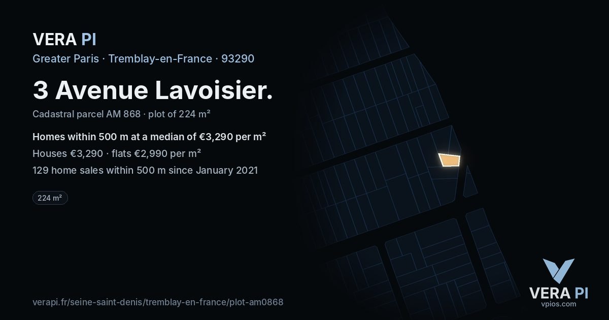 3 Avenue Lavoisier, Tremblay-en-France at night – the plot lit, the parcels around coloured by the prices near them