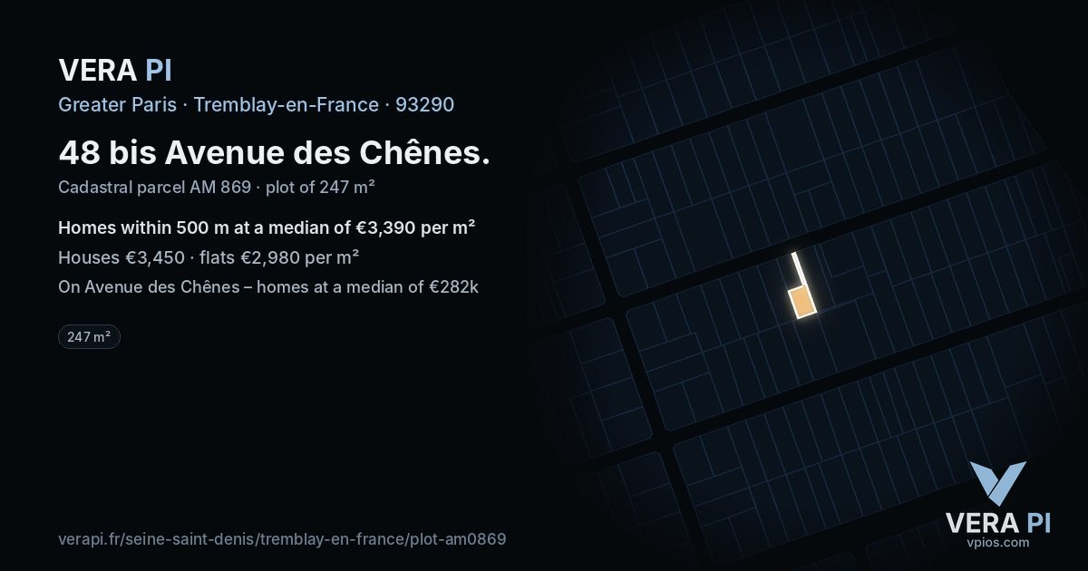 48 bis Avenue des Chênes, Tremblay-en-France at night – the plot lit, the parcels around coloured by the prices near them