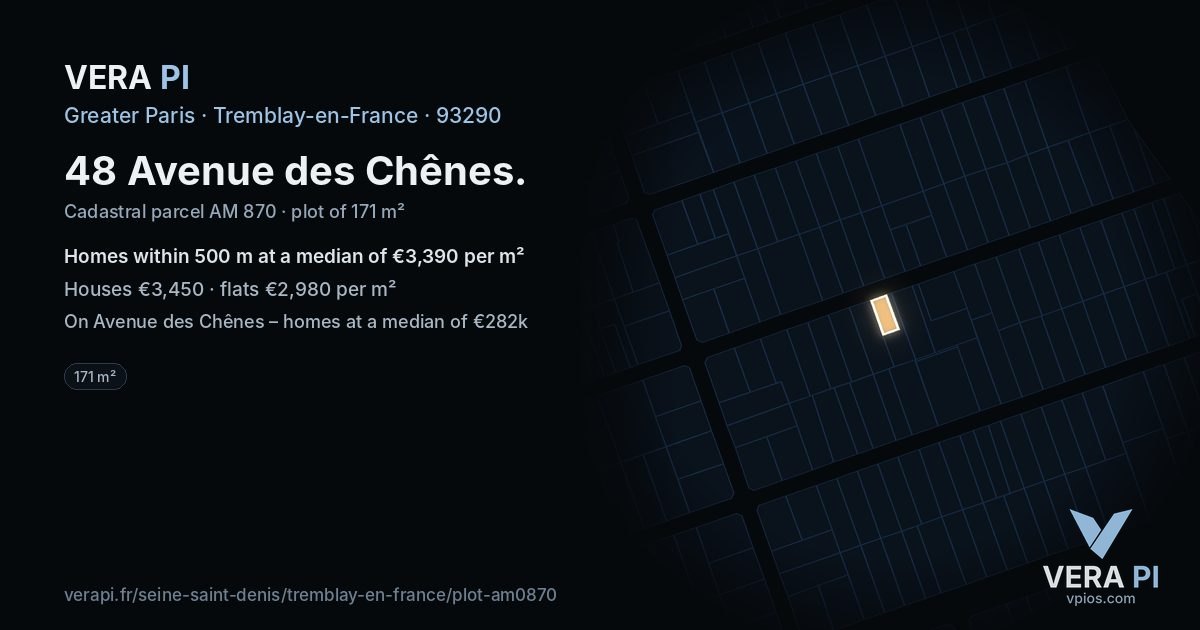 48 Avenue des Chênes, Tremblay-en-France at night – the plot lit, the parcels around coloured by the prices near them