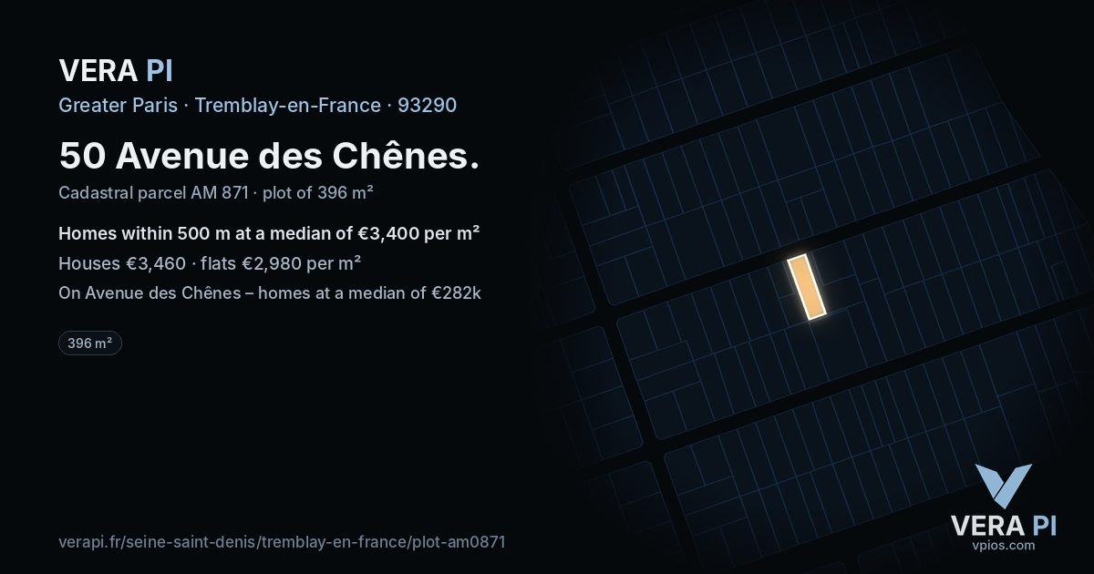 50 Avenue des Chênes, Tremblay-en-France at night – the plot lit, the parcels around coloured by the prices near them