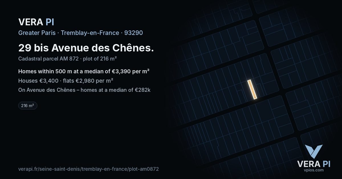 29 bis Avenue des Chênes, Tremblay-en-France at night – the plot lit, the parcels around coloured by the prices near them