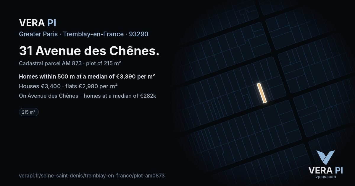 31 Avenue des Chênes, Tremblay-en-France at night – the plot lit, the parcels around coloured by the prices near them