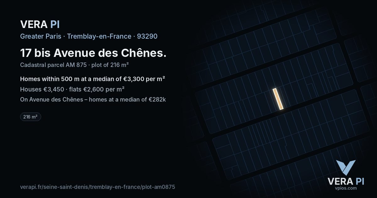 17 bis Avenue des Chênes, Tremblay-en-France at night – the plot lit, the parcels around coloured by the prices near them