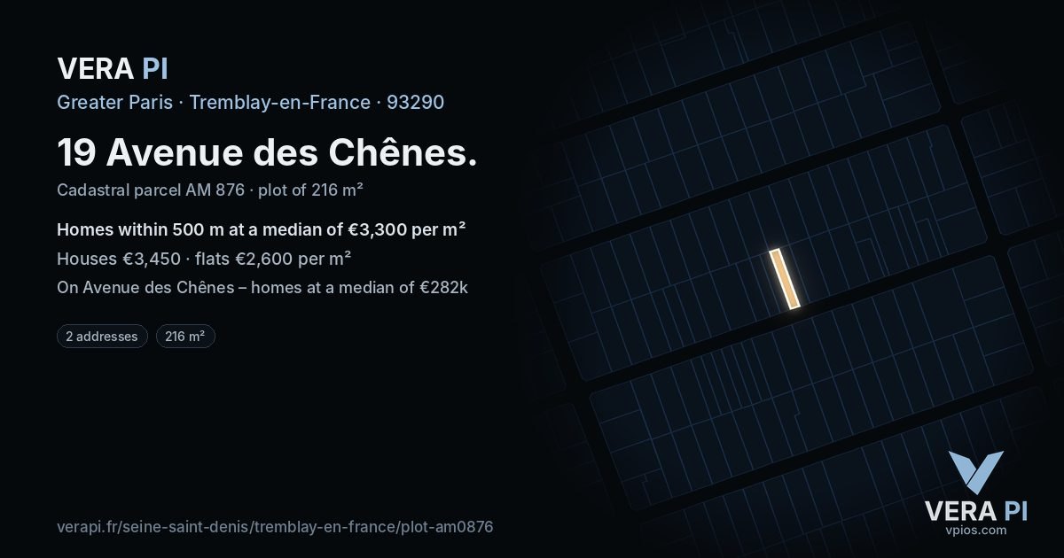 19 Avenue des Chênes, Tremblay-en-France at night – the plot lit, the parcels around coloured by the prices near them