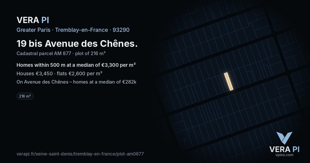 19 bis Avenue des Chênes, Tremblay-en-France at night – the plot lit, the parcels around coloured by the prices near them