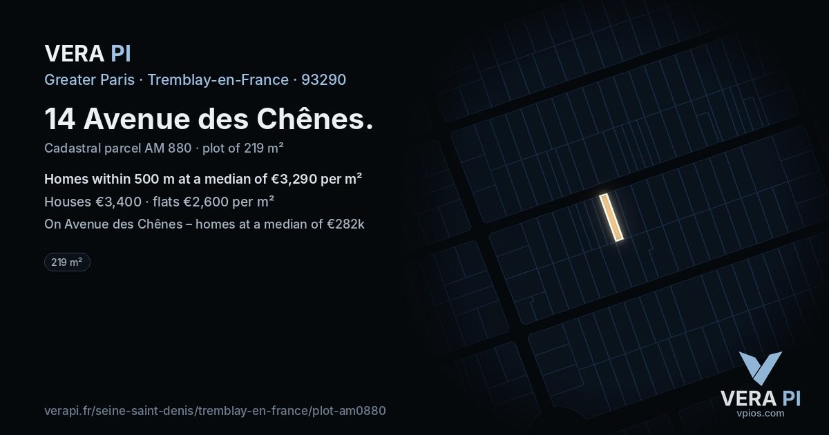 14 Avenue des Chênes, Tremblay-en-France at night – the plot lit, the parcels around coloured by the prices near them