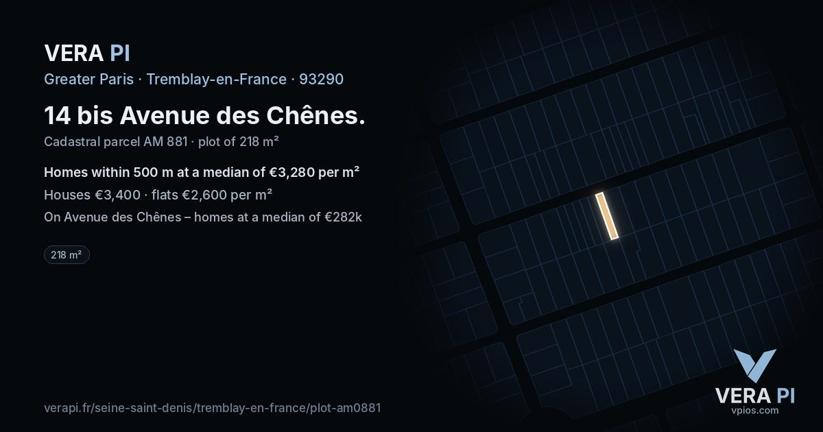 14 bis Avenue des Chênes, Tremblay-en-France at night – the plot lit, the parcels around coloured by the prices near them