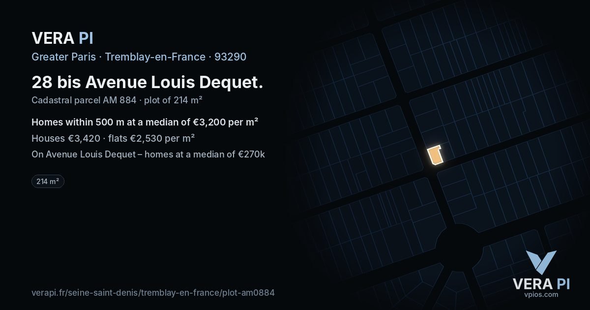 28 bis Avenue Louis Dequet, Tremblay-en-France at night – the plot lit, the parcels around coloured by the prices near them