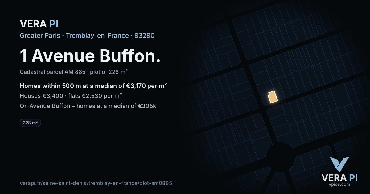 1 Avenue Buffon, Tremblay-en-France at night – the plot lit, the parcels around coloured by the prices near them