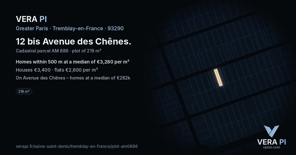 12 bis Avenue des Chênes, Tremblay-en-France at night – the plot lit, the parcels around coloured by the prices near them