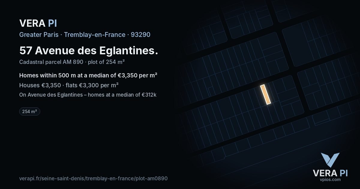 57 Avenue des Eglantines, Tremblay-en-France at night – the plot lit, the parcels around coloured by the prices near them