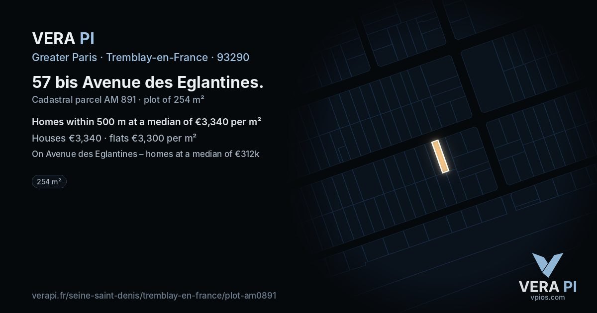 57 bis Avenue des Eglantines, Tremblay-en-France at night – the plot lit, the parcels around coloured by the prices near them