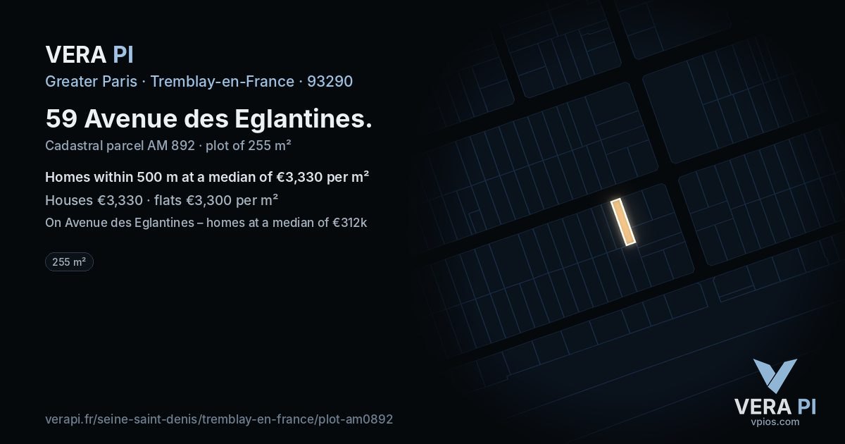 59 Avenue des Eglantines, Tremblay-en-France at night – the plot lit, the parcels around coloured by the prices near them