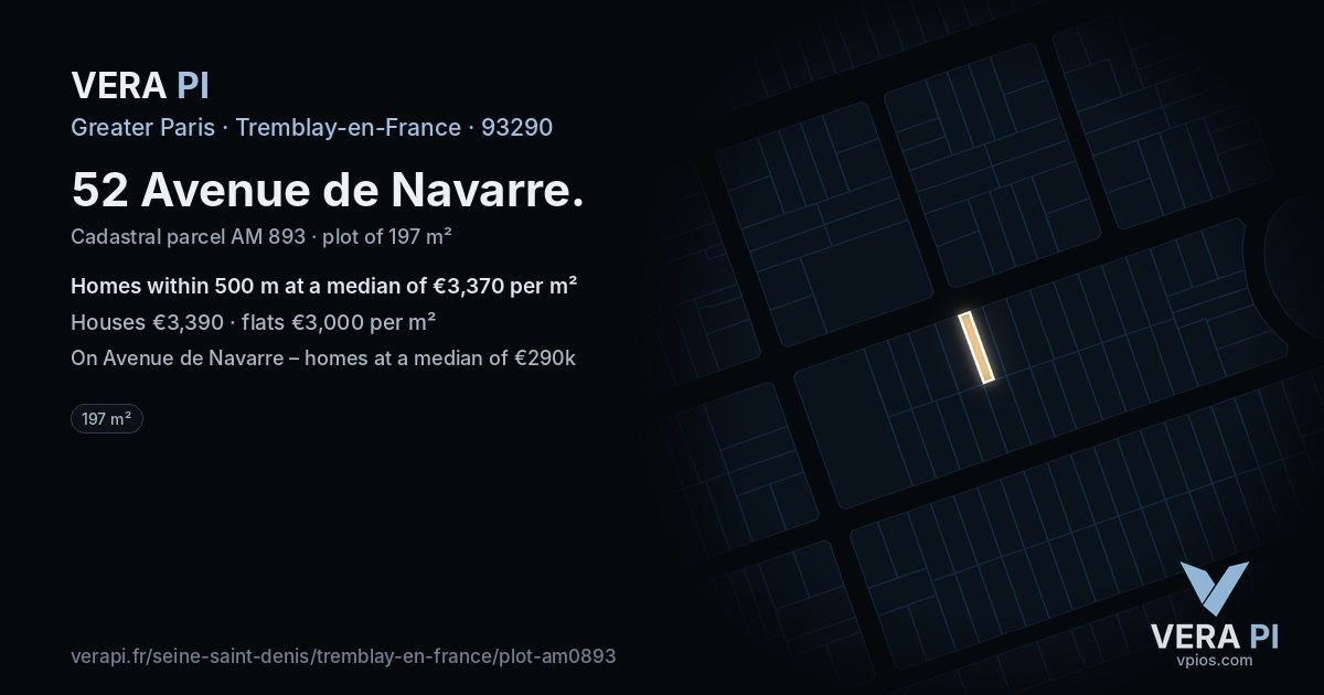 52 Avenue de Navarre, Tremblay-en-France at night – the plot lit, the parcels around coloured by the prices near them
