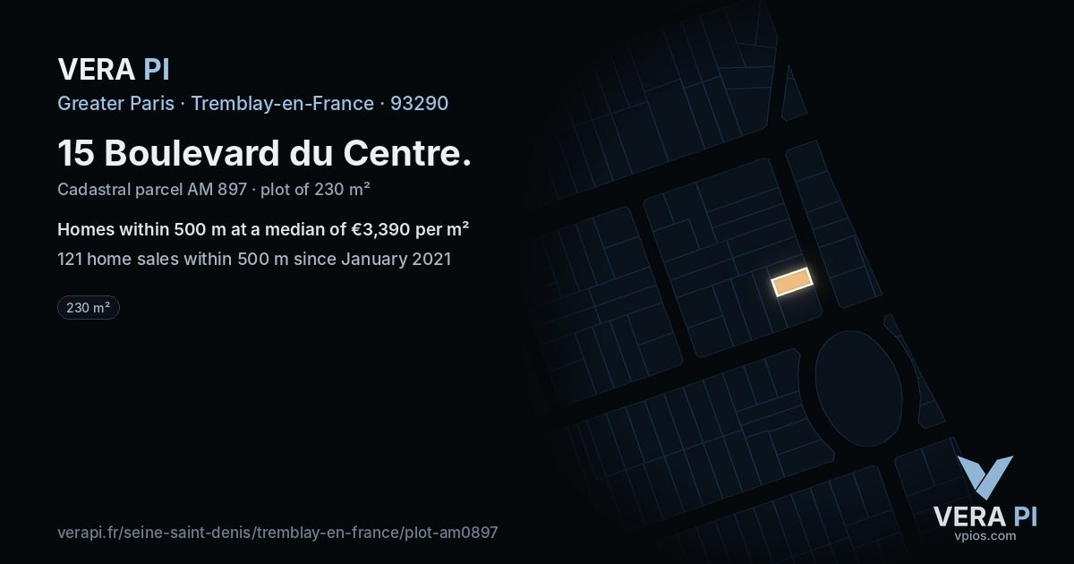 15 Boulevard du Centre, Tremblay-en-France at night – the plot lit, the parcels around coloured by the prices near them