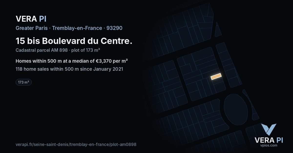15 bis Boulevard du Centre, Tremblay-en-France at night – the plot lit, the parcels around coloured by the prices near them