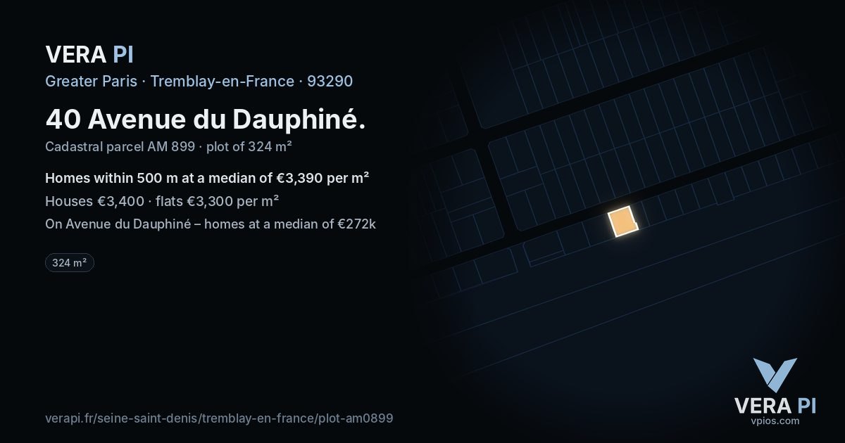 40 Avenue du Dauphiné, Tremblay-en-France at night – the plot lit, the parcels around coloured by the prices near them