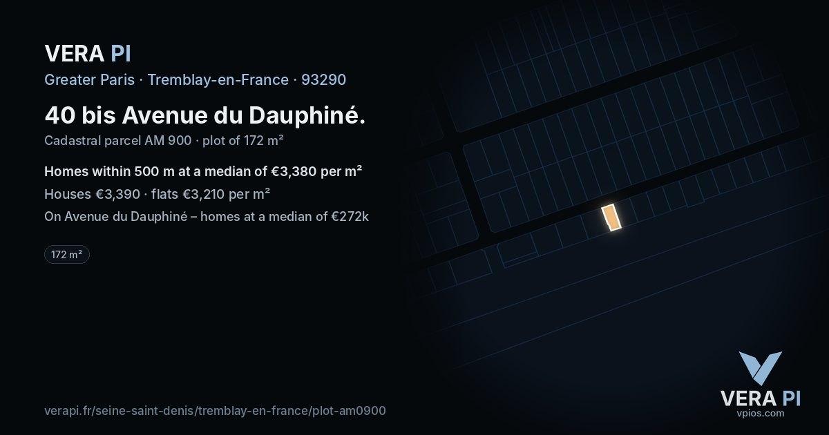 40 bis Avenue du Dauphiné, Tremblay-en-France at night – the plot lit, the parcels around coloured by the prices near them