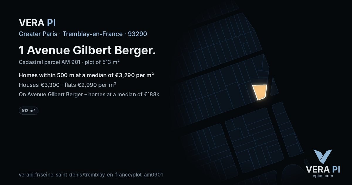 1 Avenue Gilbert Berger, Tremblay-en-France at night – the plot lit, the parcels around coloured by the prices near them