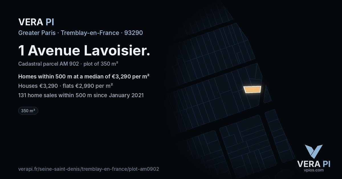 1 Avenue Lavoisier, Tremblay-en-France at night – the plot lit, the parcels around coloured by the prices near them