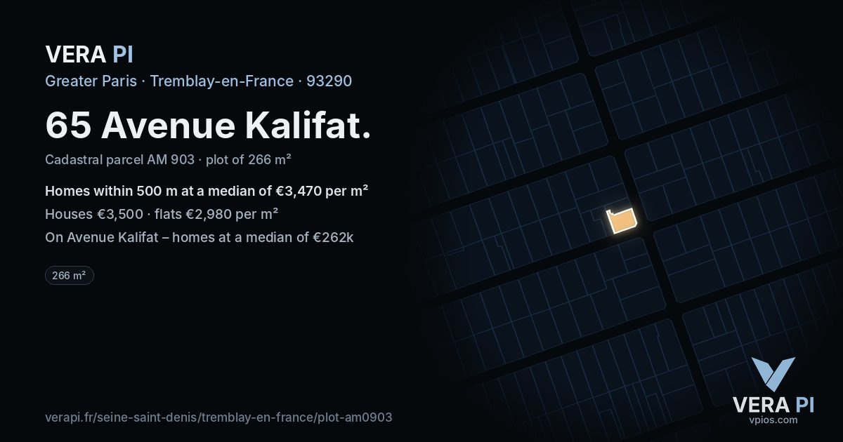 65 Avenue Kalifat, Tremblay-en-France at night – the plot lit, the parcels around coloured by the prices near them