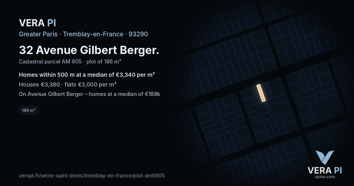 32 Avenue Gilbert Berger, Tremblay-en-France at night – the plot lit, the parcels around coloured by the prices near them