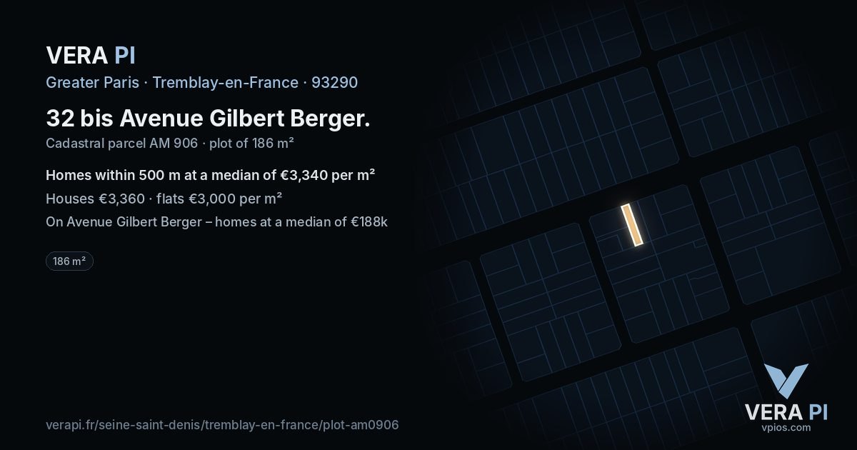 32 bis Avenue Gilbert Berger, Tremblay-en-France at night – the plot lit, the parcels around coloured by the prices near them