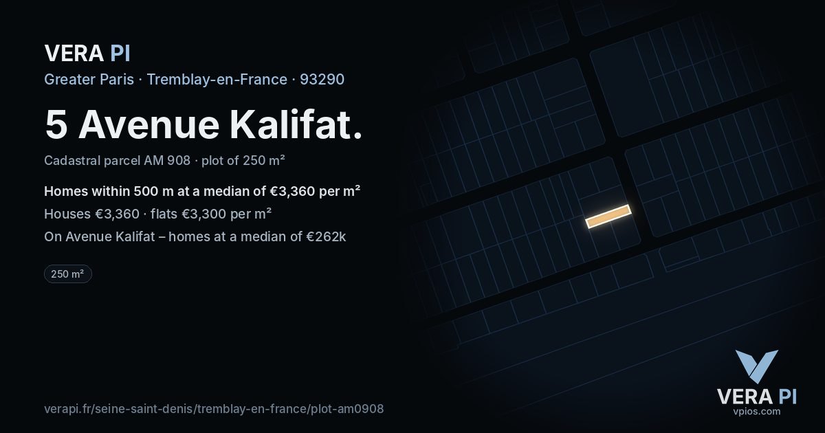 5 Avenue Kalifat, Tremblay-en-France at night – the plot lit, the parcels around coloured by the prices near them