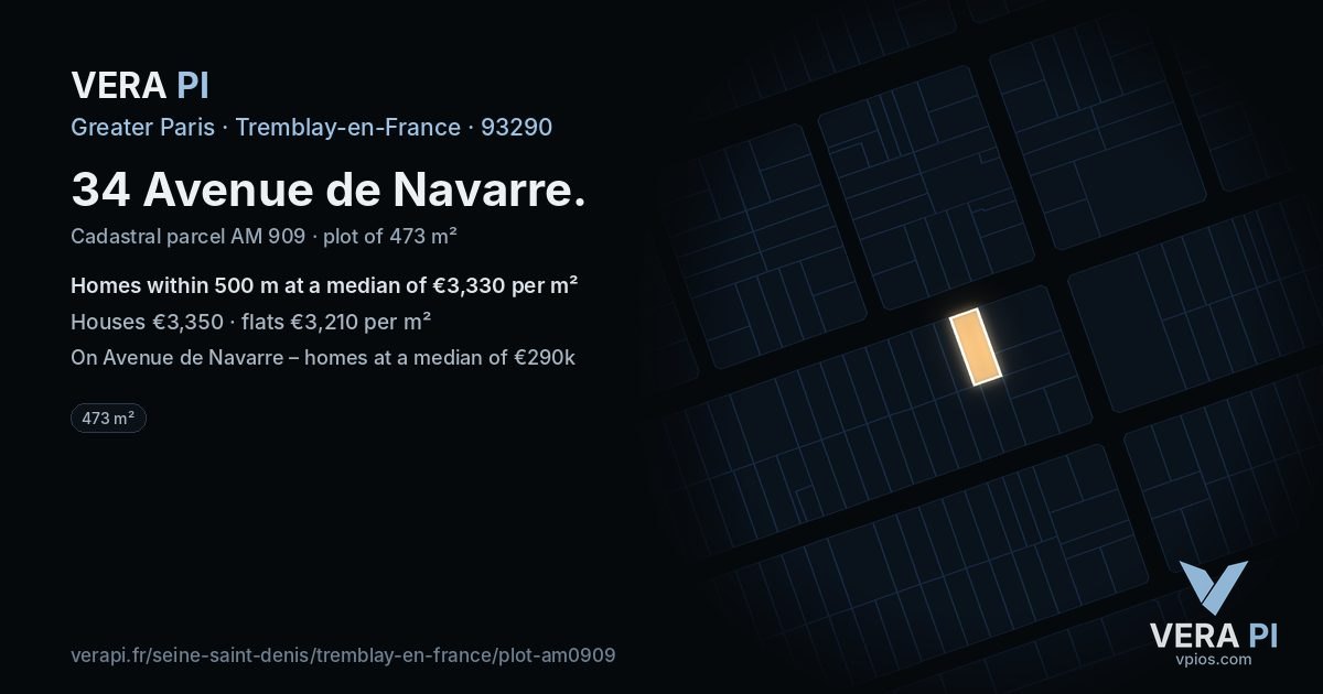 34 Avenue de Navarre, Tremblay-en-France at night – the plot lit, the parcels around coloured by the prices near them