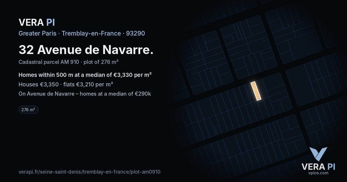 32 Avenue de Navarre, Tremblay-en-France at night – the plot lit, the parcels around coloured by the prices near them